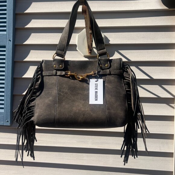 Steve Madden Boho Fringe Shoulder Bag Western Style Tote Purse NWT Brown Tan - Picture 2 of 13